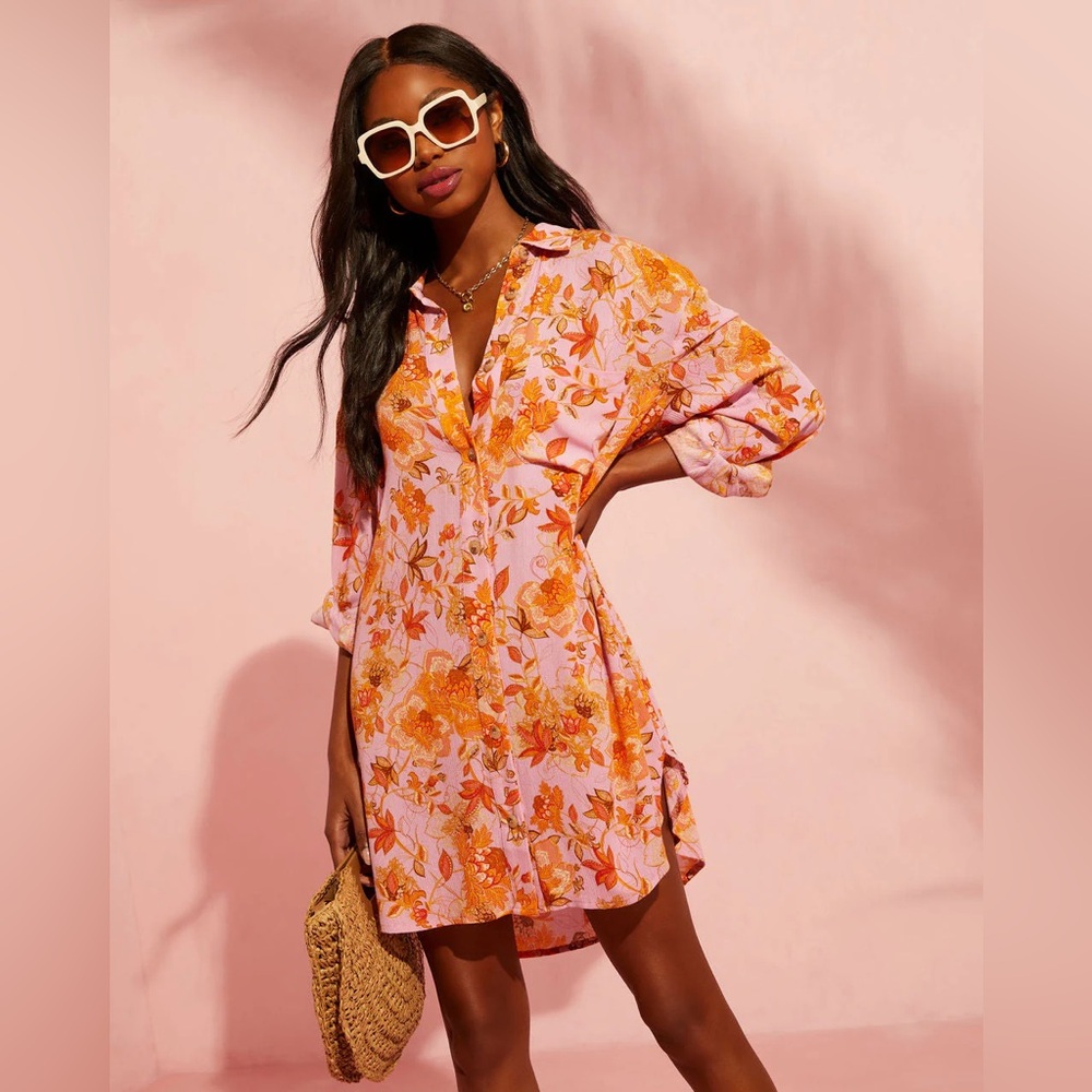 VICI Queen Retro Printed Shirt Dress - Oversized Relaxed Style - Floral Print